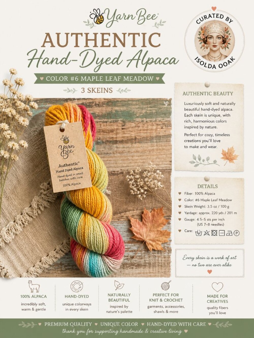 YARN BEE  Authentic Hand-Dyed Alpaca - color #6 Maple Leaf Meadow  3 Skeins